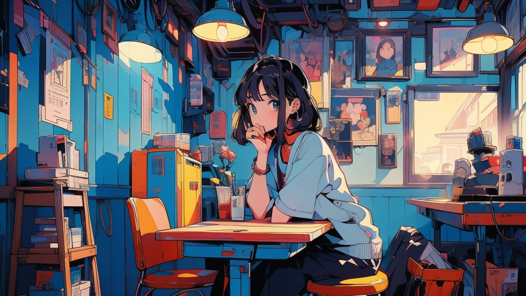 Cartoon girl sitting at a desk with a laptop, Manga style illustration, Digital anime illustration, In the art style of Bouwater, In the style of digital illustration, Illustration Style, Beautiful illustrations, Cute and detailed digital art, Beautiful digital illustrations, Great art style, Trending on artstration, Professional Illustration, Cute digital art, Reproduction illustrations, Beautiful drawing style、90s city pop vibes。With just a short-sleeved T-shirt、Casual clothing。Highest quality。A beautiful woman with long, straight brown hair。The subject is standing alone with his back to the wall。Dynamic Angle。A broadcasting room lined with records。Listening to music through headphones。