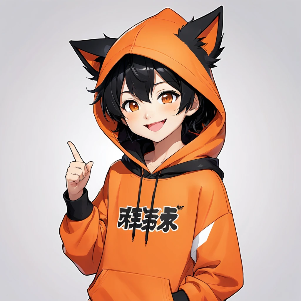 Cute 、anime、mascot、Orange hoodie、The background is simple white、Black Hair、Upper body from the waist up 、Smiling、One person、Pointing、Lip syncing