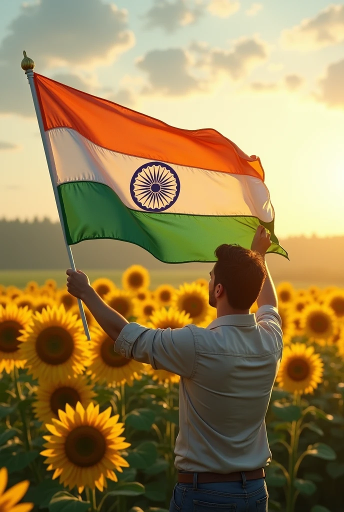 (photorealism:1.2), indian flag, holding in hands, realistic,near sunflower garden, russia ,16:9