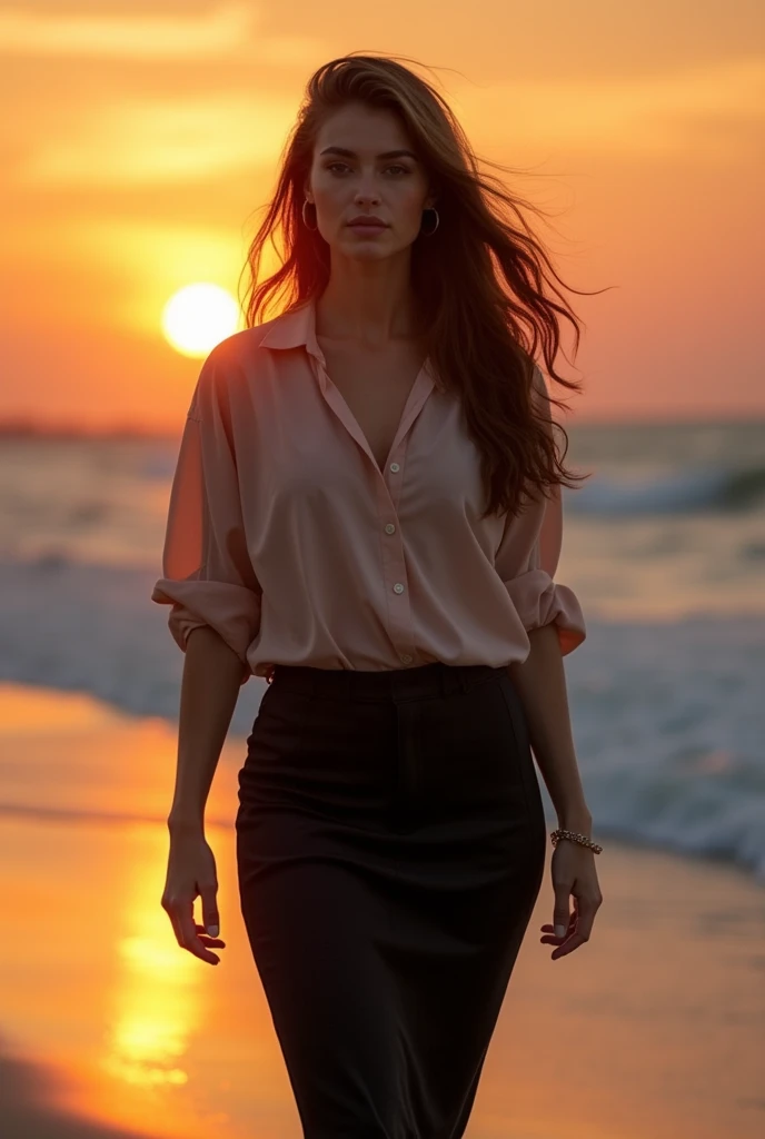 A woman walking on the beach at dusk with the setting sun behind her、Depth of the bounds written、Soft orange light illuminating a woman、((thick body))、skin texture、The person is transparent、long hair、nostalgic atmosphere、troubled look、one woman standing、light makeup、clear picture、attractive woman、flowing silhouette、A woman wearing a blouse and a dark-colored tight skirt、symmetrical blouse、Tight Skirt、Thin belt、Elegant materials and design、one small earring in each ear、one small bracelet、sophisticated style、hair swaying in the wind