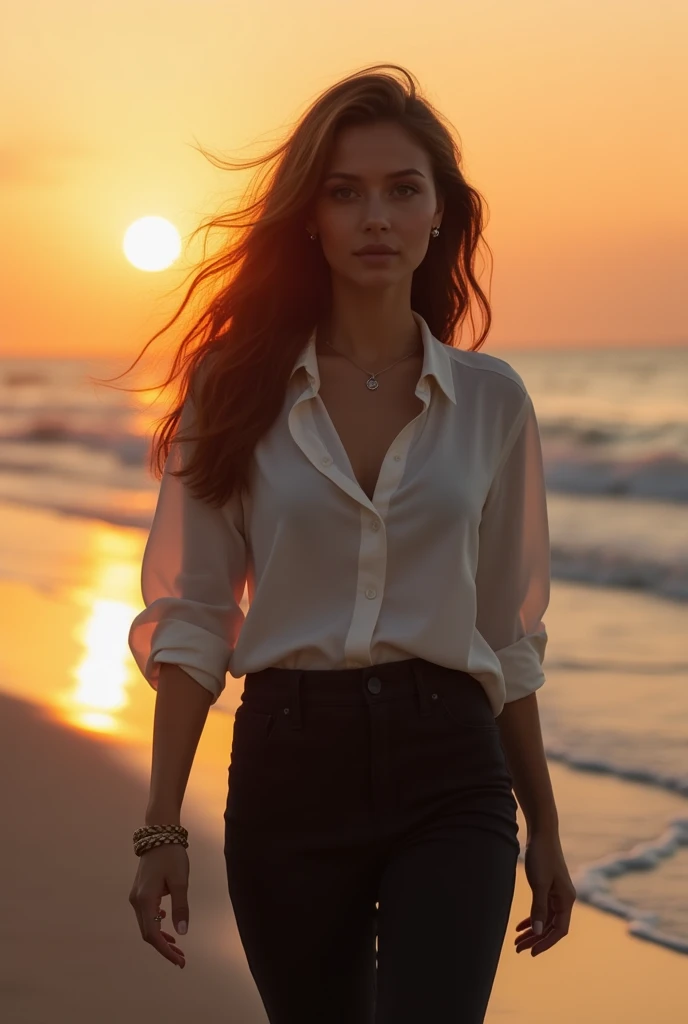 A woman walking on the beach at dusk with the setting sun behind her、Depth of the bounds written、Soft orange light illuminating a woman、((thick body))、skin texture、The person is transparent、long hair、nostalgic atmosphere、troubled look、one woman standing、light makeup、clear picture、attractive woman、flowing silhouette、A woman wearing a blouse and a dark-colored tight skirt、symmetrical blouse、Tight Skirt、Thin belt、Elegant materials and design、one small earring in each ear、one small bracelet、sophisticated style、hair swaying in the wind