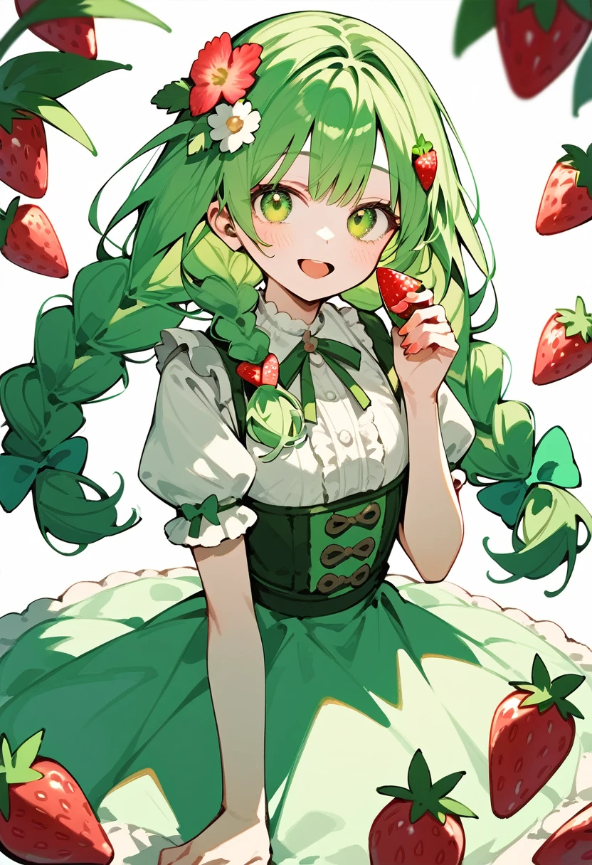 a girl anime girl with lots of green hair and strawberries around her, 1girl, green eyes, solo, green hair, braid, twin braids, flower, long hair, dress, hair ornament, smile, short sleeves, looking at viewer, food, hair flower, blush, strawberry hair ornament, frills, open mouth