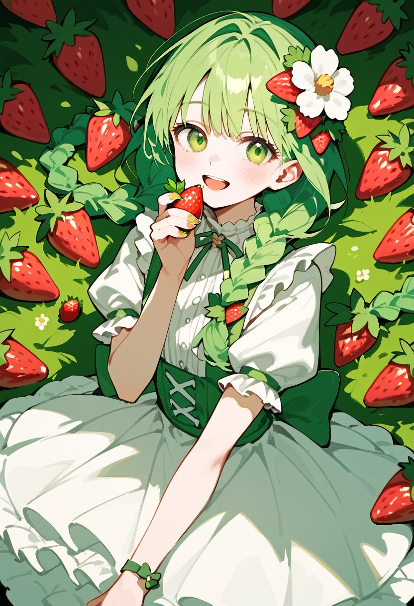 a girl anime girl with lots of green hair and strawberries around her, 1girl, green eyes, solo, green hair, braid, twin braids, flower, long hair, dress, hair ornament, smile, short sleeves, looking at viewer, food, hair flower, blush, strawberry hair ornament, frills, open mouth