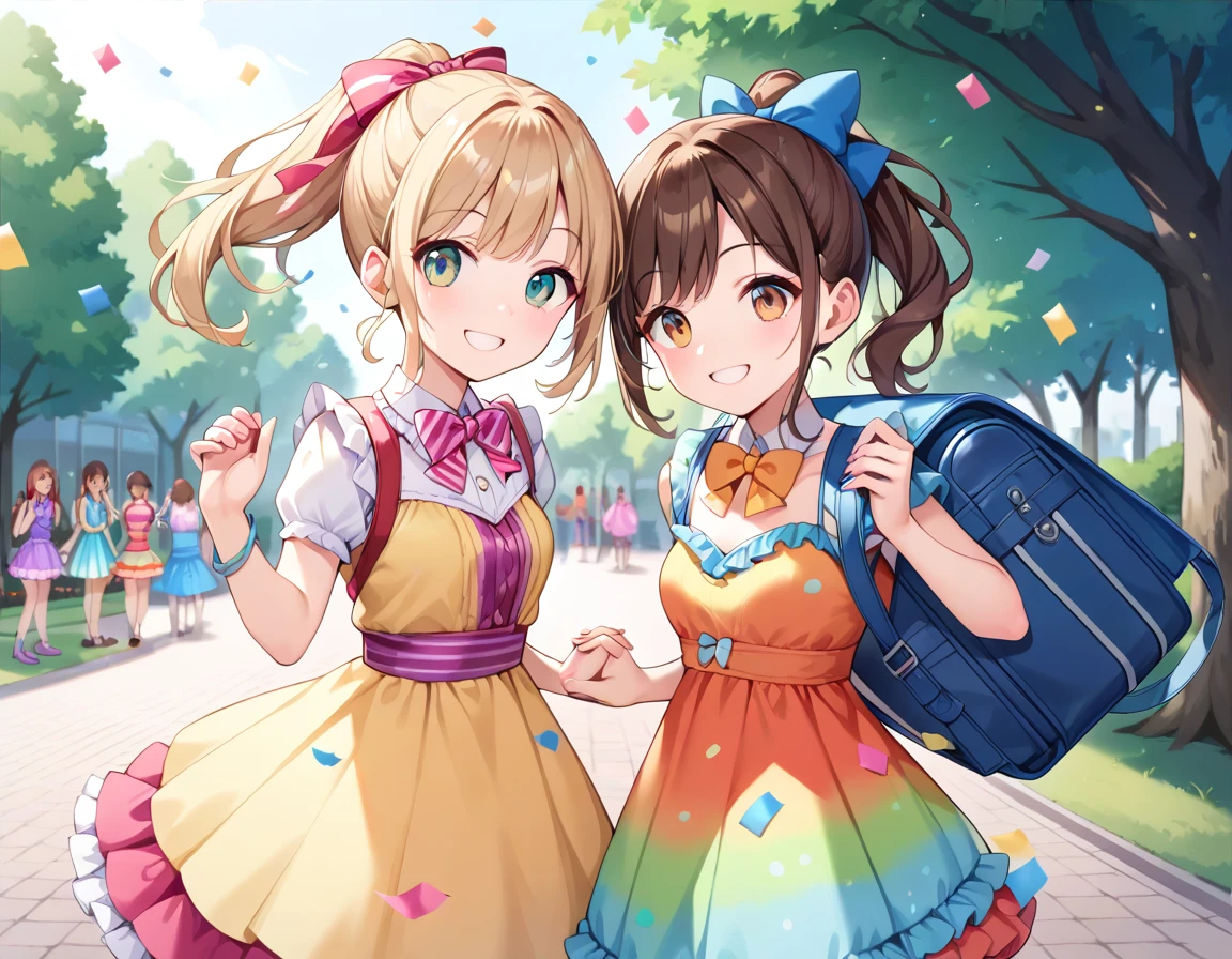 Masterpiece, hd, 2girl,2 girl standing each other, holding hands, cute girl, (brown hair, smile, ponytail, hair ribbon, wearing cute dress, frilled dress,party dress,party costume, colorful dress, bowtie, standing, outdoor, park, smile, wearing school backpack, blue backpack), (blonde hair, smile, twintail, hair ribbon, wearing cute dress, frilled dress,party dress,party costume, colorful dress, bowtie, standing, outdoor, park, smile, wearing school backpack, red backpack)