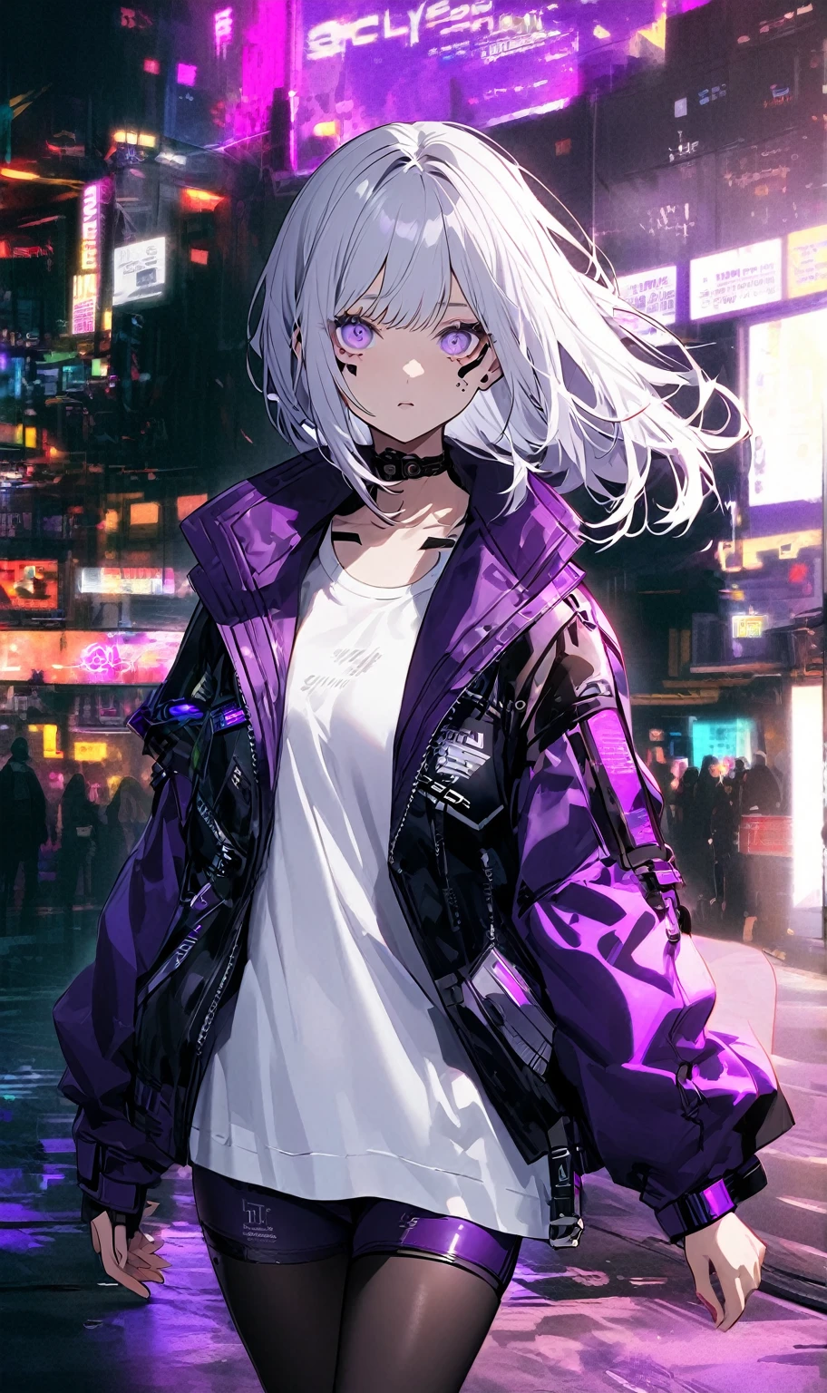 Girl with long white hair, black and purple leather jacket, White T-shirt, black skirt, under black and purple shorts, leggings, long silver hair, She has purple irises but lifeless, cyberpunk.