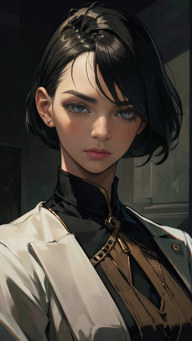 beautiful detailed eyes, beautiful detailed lips, extremely detailed eyes and face, long eyelashes, 1 woman, military woman, black short hair, black eyes, black clothes, camouflage, coat, indifferent facial expression, doctor, best quality, 4k, 8k, highres, masterpiece:1.2, ultra-detailed, realistic, photorealistic, photo-realistic:1.37, HDR, studio lighting, ultra-fine painting, sharp focus, physically-based rendering, extreme detail description, professional, vivid colors, portraits