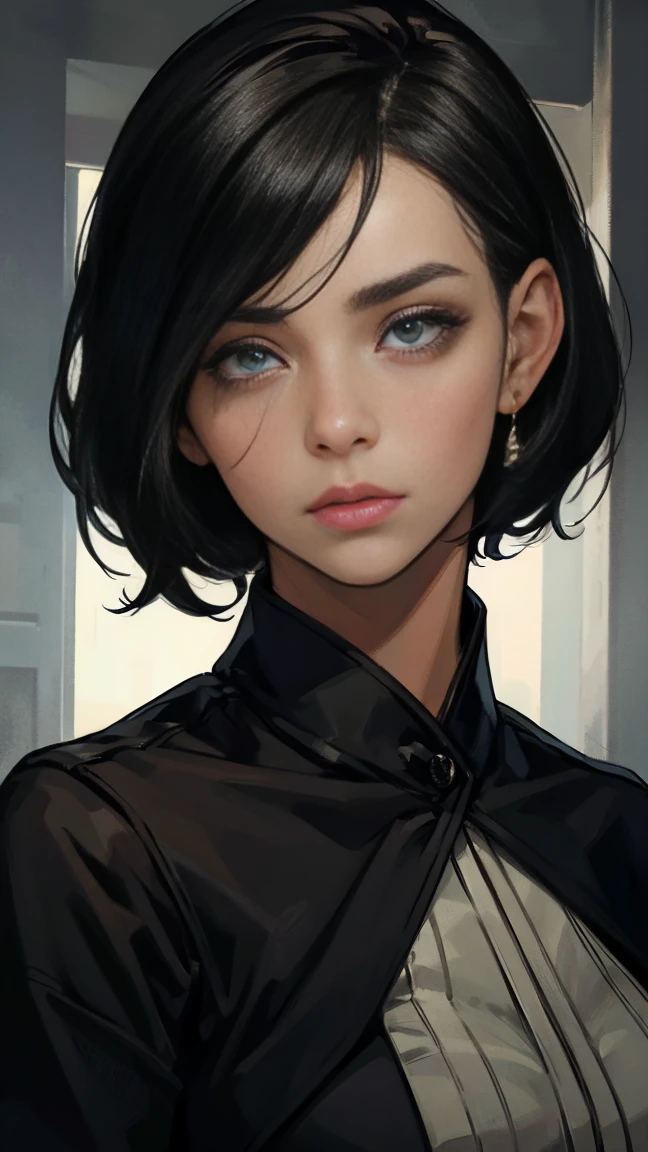 beautiful detailed eyes, beautiful detailed lips, extremely detailed eyes and face, long eyelashes, 1 woman, military woman, black short hair, black eyes, black clothes, camouflage, coat, indifferent facial expression, doctor, best quality, 4k, 8k, highres, masterpiece:1.2, ultra-detailed, realistic, photorealistic, photo-realistic:1.37, HDR, studio lighting, ultra-fine painting, sharp focus, physically-based rendering, extreme detail description, professional, vivid colors, portraits