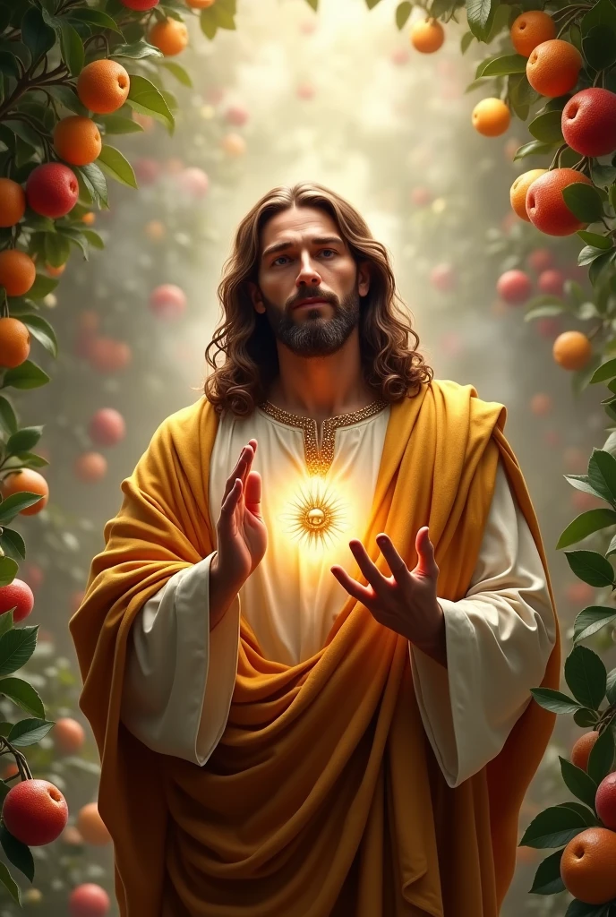 (photorealism:1.2), handsome Jesus Christ, praying under the trees that full of clouds and sorrounded of many fruits, wearing gold king clothes with light in his head and heart spreading all over, perfect five finger, long curly hair, indoors, soft lighting, clouds in background, beautiful sunlight, perfect paradise and clouds, relaxed pose, realistic, intricate details, warm colors, 