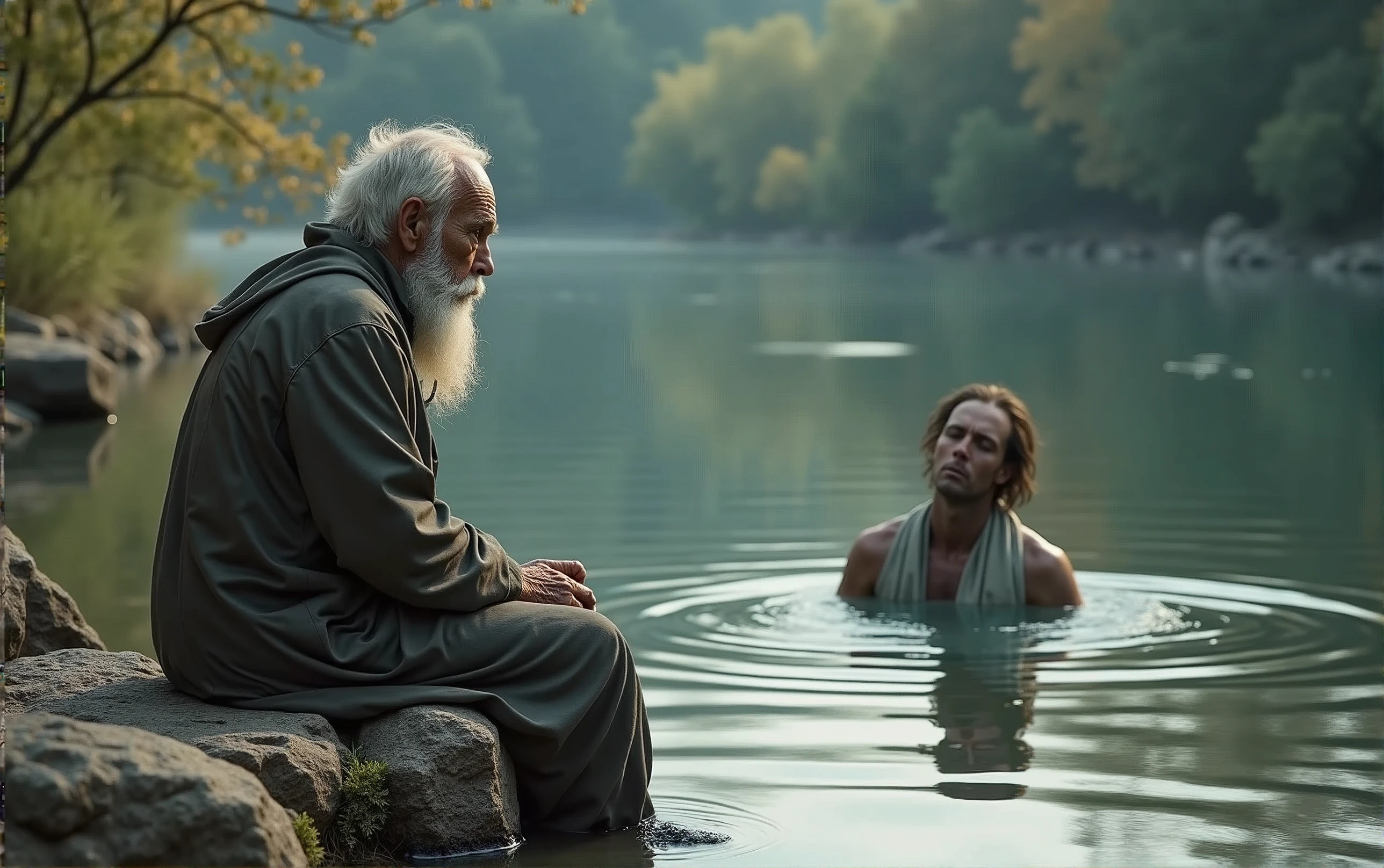A photorealistic image of a wise old man sitting on a stone near the bank of a river. The old man sees a floating human dead body, passing in the river. Human dead body floating belly down, head underwater.
Half-submerged lens reveals his ultra-slim deformed by water figure in a grey loose dress.