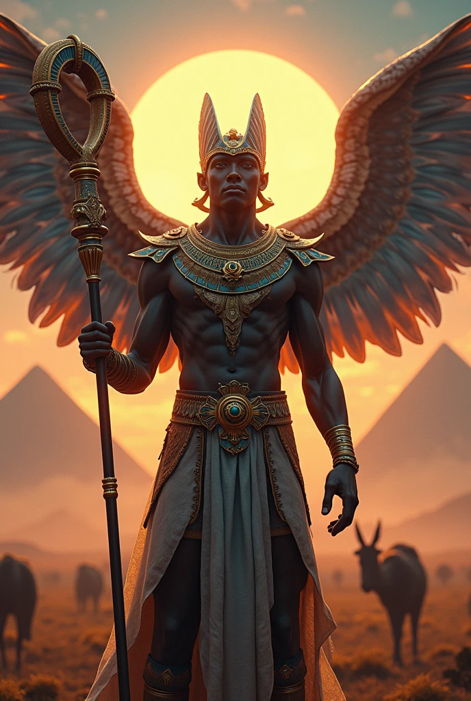 A striking, hyper-realistic 8K book cover for the captivating science fiction novel, "Gods of the Serengeti: Feathered Dawn - Origins." At the top, the main title reads "GODS OF THE SERENGETI" and the subtitle "FEATHERED DAWN: ORIGINS" in bold, elegant font. The cover features an awe-inspiring human-avian bird deity with African features, standing tall and regal. He wields a futuristic Ankh staff and has intricately patterned feathered wings. The background showcases a fantastical landscape with floating pyramids, vibrant skies, and distant mountains. The color palette is rich and natural, creating a mystical and epic atmosphere. The author's name, Terrence James, is displayed at the bottom in matching elegant type. The high-resolution image boasts an unparalleled level of detail, showcasing the soft, expressive, and highly detailed face of the awe-inspiring human-avian bird deity (actual:1). Every pore and vein on his face is visible, reflecting the photo-realistic quality. The natural color, 16K Ultra HD, 3D rendered image, powered by Unreal Engine v5.2,