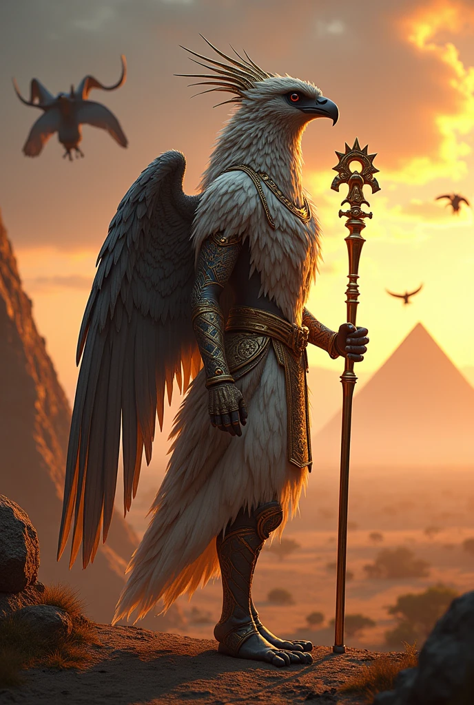 A striking, hyper-realistic 8K book cover for the captivating science fiction novel, "Gods of the Serengeti: Feathered Dawn - Origins." At the top, the main title reads "GODS OF THE SERENGETI" and the subtitle "FEATHERED DAWN: ORIGINS" in bold, elegant font. The cover features an awe-inspiring human-avian bird deity with African features, standing tall and regal. He wields a futuristic Ankh staff and has intricately patterned feathered wings. The background showcases a fantastical landscape with floating pyramids, vibrant skies, and distant mountains. The color palette is rich and natural, creating a mystical and epic atmosphere. The author's name, Terrence James, is displayed at the bottom in matching elegant type. The high-resolution image boasts an unparalleled level of detail, showcasing the soft, expressive, and highly detailed face of the awe-inspiring human-avian bird deity (actual:1). Every pore and vein on his face is visible, reflecting the photo-realistic quality. The natural color, 16K Ultra HD, 3D rendered image, powered by Unreal Engine v5.2,