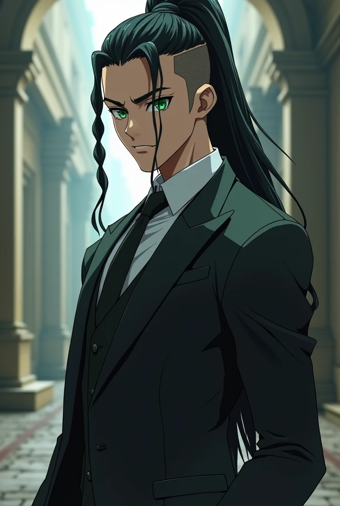 A brutal man of about 25 years old with green eyes and black long hair, braided in a high ponytail and shaved temples. In formal clothes. In full-length anime style. Not with a scythe.With fair skin. Half a turn.