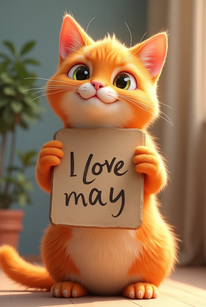 Orange cat holding a sign that says I love twice and vcha