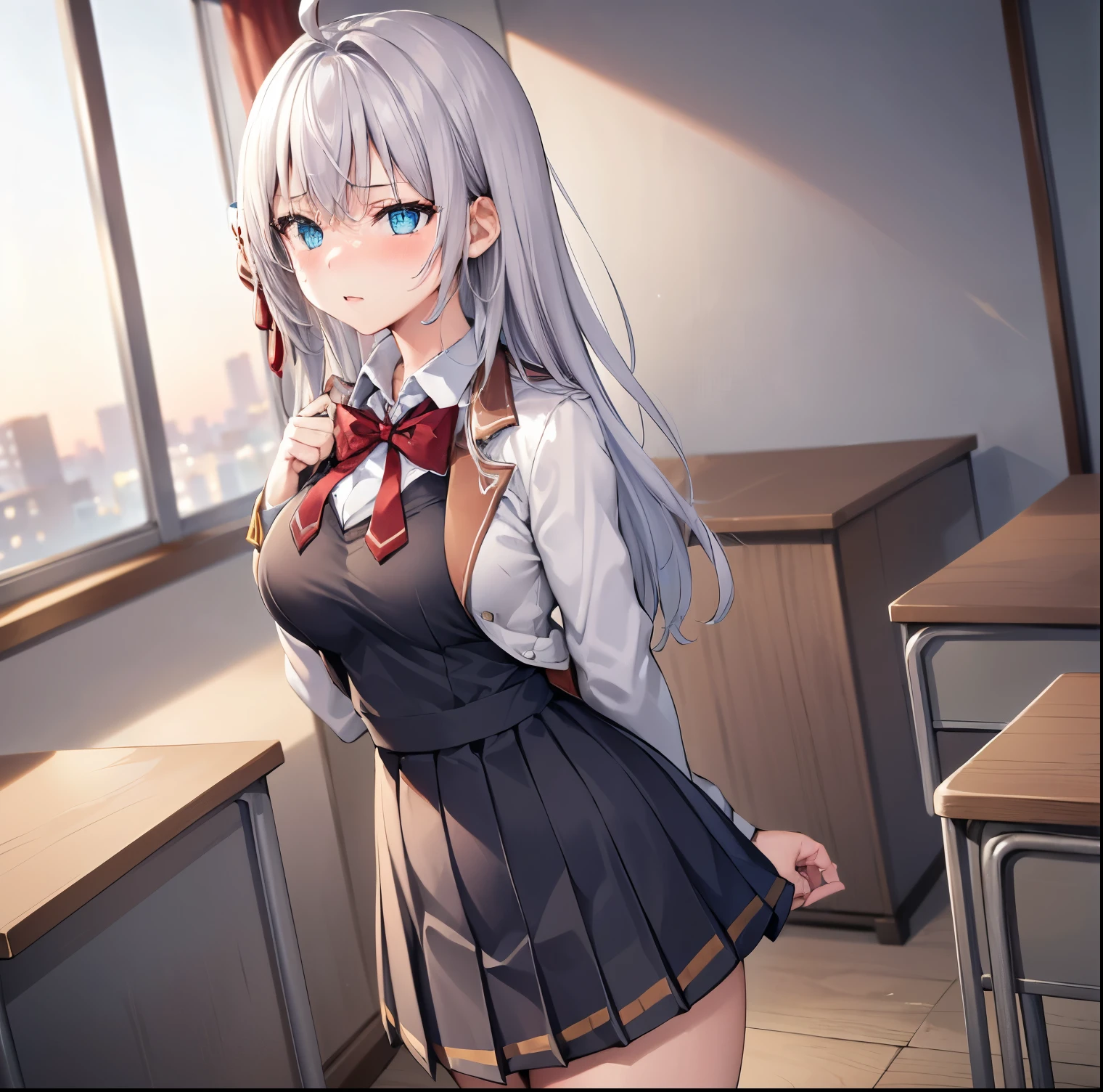 ((1girl)),((alone)),Alisa Mikhailovna,(masterpiece), (best quality), (ultra detailed), (best illustration), (best shadow), (absurdities), sharp focus, cowboy shot ,atmospheric perspective, depth of field, dynamic posture looking at the viewer, large breasts, narrow waist, wide hips, wide thighs, round butt, erotic, romantic, (very detailed eyes, lips 1.1), very detailed eyes, eyes, very face detailed, very beautiful face, full height, beautiful slim figure, femininity, expressive appearance, elastic big breasts, sexuality, hair, white hair, gray hair, long hair, bangs, hair between the eyes, blue eyes, hair band, red ribbon, open jacket, gray jacket, bow tie, school uniform, long sleeves, red bow, blazer, collared shirt, zettai ryouiki, pleated dress, dress, white thighs, loafers, curves, defined body, perfect and beautiful body, perfect and beautiful, mouth closed, serious expression, blushing, (sexy pose: 1.2), ((solo)), standing: 1.3,(( Japanese school: 1.5, classroom: 1.5, desks: 1.5, desk: 1.5, window: 1.3, sunset: 1.4, clear sky: 1.4)), looking back, from behind, ((focus on ass: 1.4) ), point of view: (from below), perfect anatomy, perfect hands