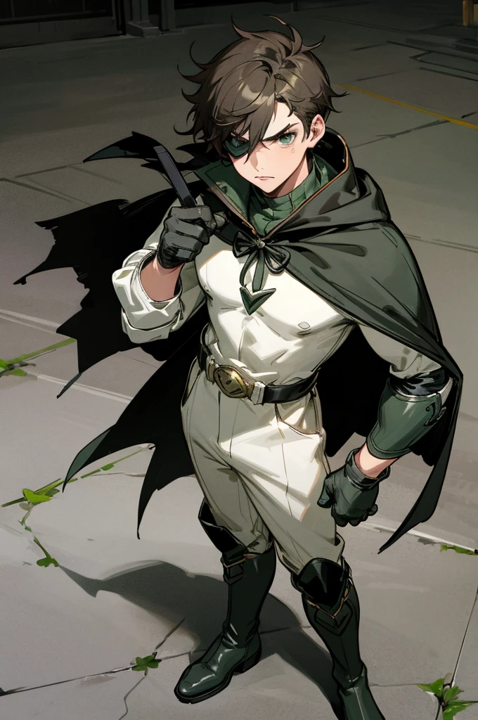 1male , Young Male , Black Gloves, Green Boots ,robin cape (DC) , Black Hero Mask with whites out eyes , Messy Hair , Serious Expression , Standing on sidewalk , Robin outfit (DC)