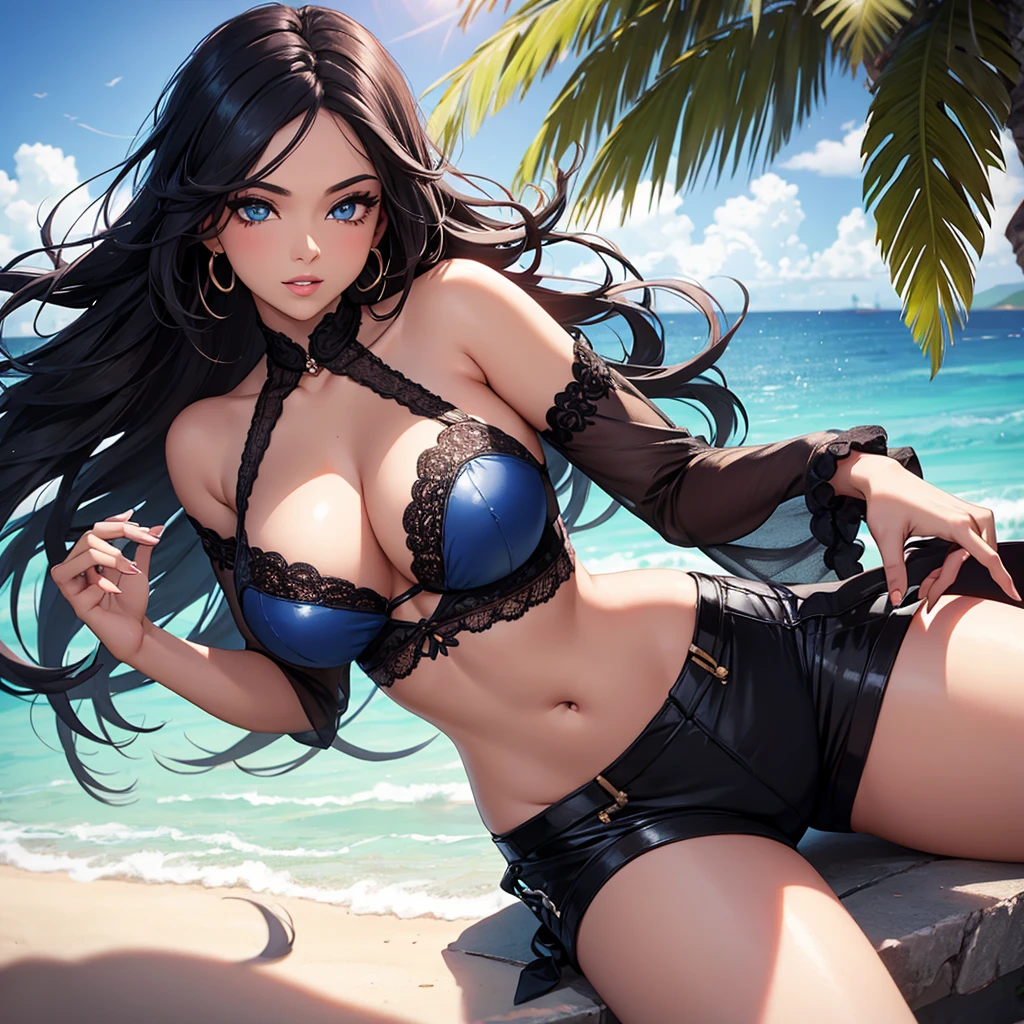 srilankan sexy girl 25 year old, with attractive facial features,beautiful detailed eyes,beautiful detailed lips,extremely detailed eyes and face,longeyelashes. big breast and blue eyes. posing elegantly for an instagram post. wearing a croptop and shorts. in a beach hotel