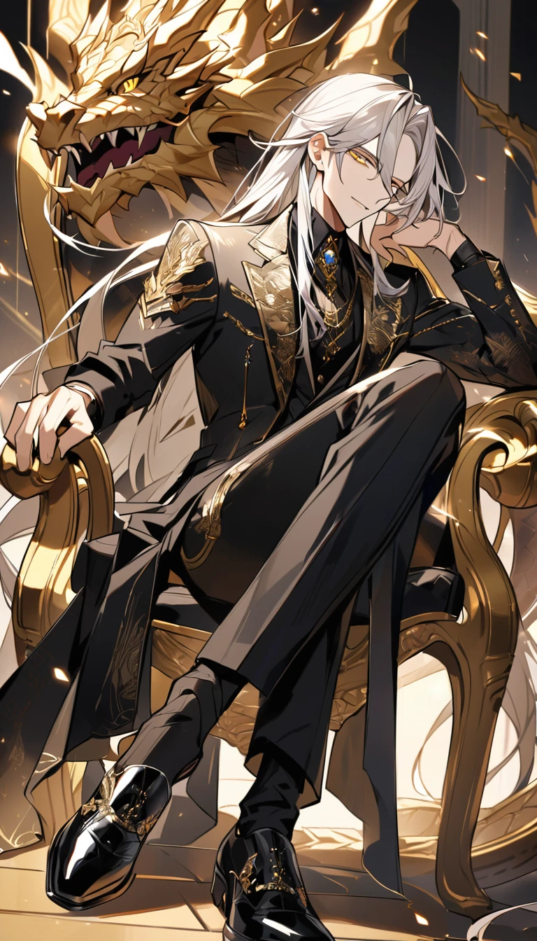 Handsome, solo, 1 male, long hair, white hair, yelow eye, wearing a black shirt, black and white suit, and black dress shoes, sitting on a golden chair with extremely beautiful and majestic dragon-engraved details.