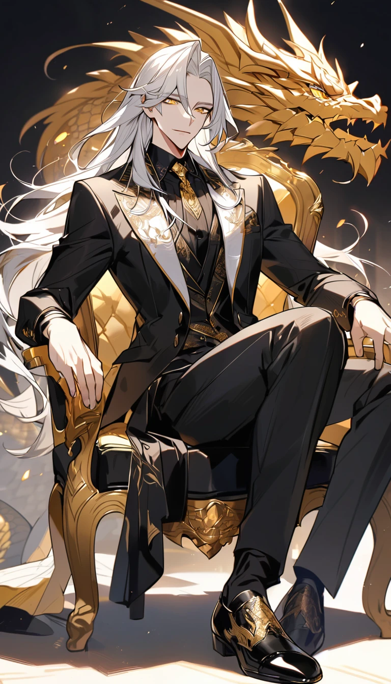 Handsome, solo, 1 male, long hair, white hair, yelow eye, wearing a black shirt, black and white suit, and black dress shoes, sitting on a golden chair with extremely beautiful and majestic dragon-engraved details.