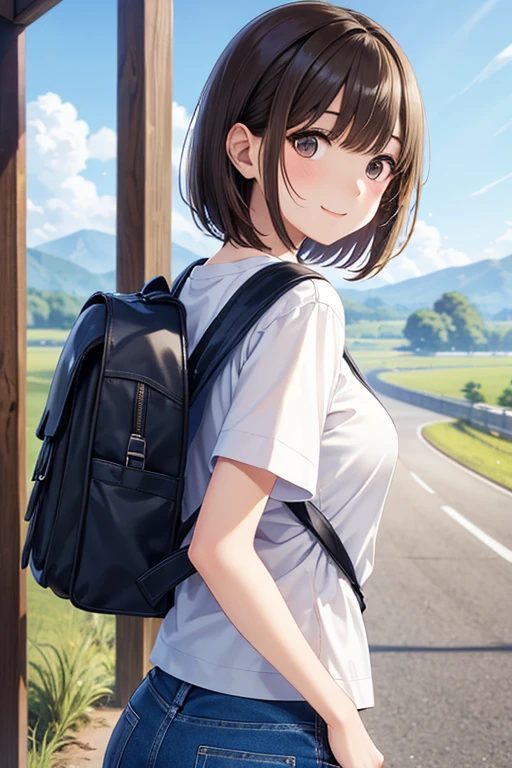 anegasaki nene、Shiny brown hair, short hair, (Beautiful brown eyes、Sparkling eyes, Fine grain)、smile、Ultra-detailed eyes、Very detailedな顔, Very detailedな目,
anime、デジタルanimeアート、animeーション、(masterpiece:1.2)、high quality、High resolution、Very detailed、Amazingly absurd、Exotic lands、Girl carrying a backpack、Traveling alone、Standing on the side of the road to hitchhike、European countryside background、Short Bob、cute、Backpack、Patterned T-shirt、Half Jeans、Upper Body,