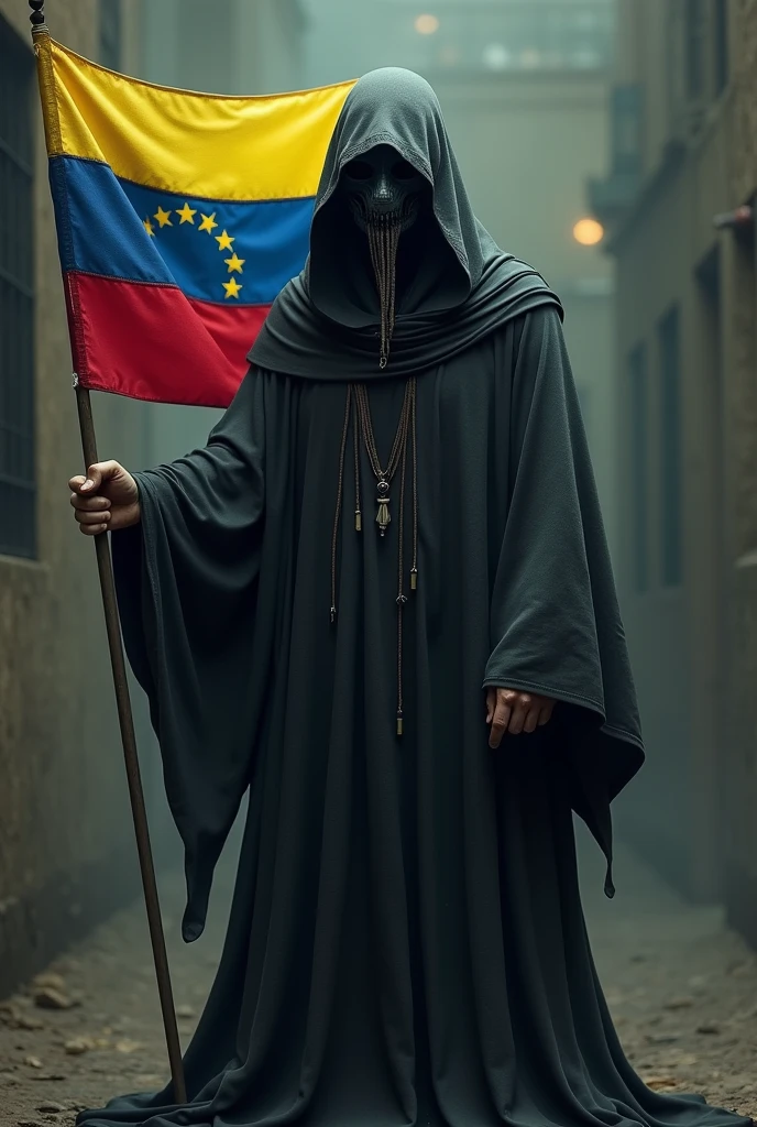 Man in robe with black plague mask, holding a Venezuelan flag