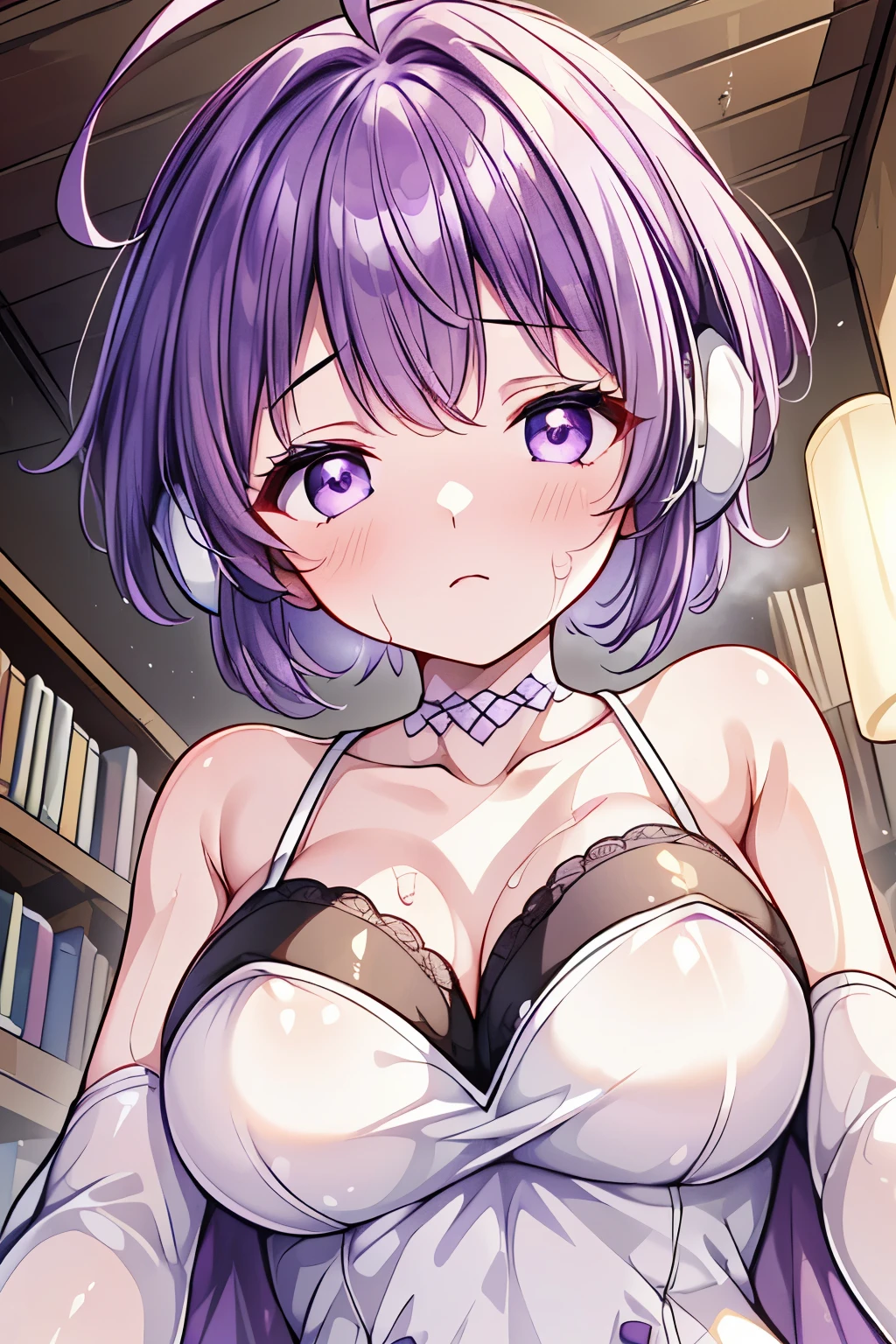 (((masterpiece,Highest quality,One young girl,From below))),
((Melancholic expression,blush,Purple Eyes,Soft Breasts,A single purple headphone)),
(Light purple short hair,My hair is messy,Very large ahoge),
library, all over the body,