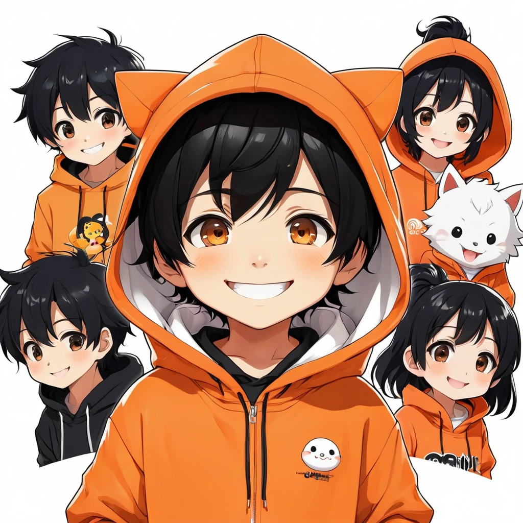 Cute little boy、anime、mascot、Orange hoodie、The background is simple white、Black Hair 、Smiling、One person