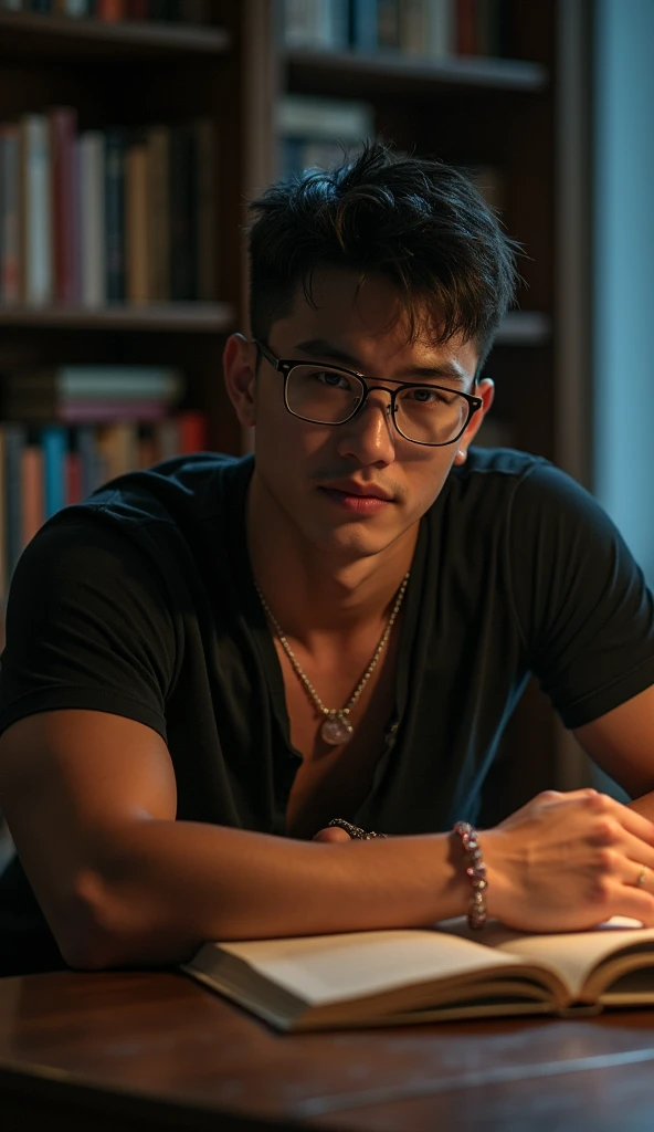 nsfw, best quality, masterpiece, extremely detailed, masculine, sexy, homoerotic, 25 year old bruneian malay man, wearing glasses, round face with chubby cheeks, athletic muscular build, cheeky smile, fitted clothes, rose quartz crystal pendant, crystal bead bracelet, bends forward and elbows on a table, in library, side view, afterhours, lights off, at midnight, cinematic shadows, dreamy atmosphere, perfect face, perfect hands, perfection
