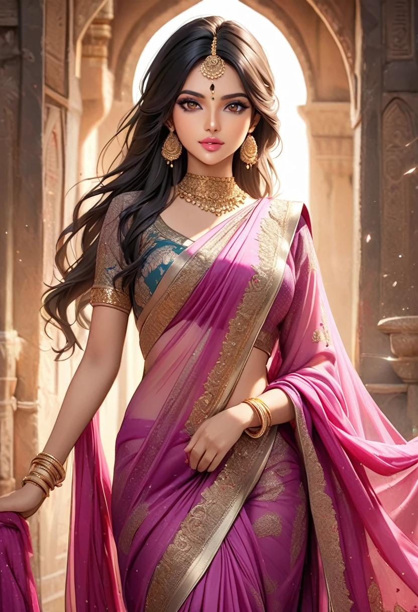 Hot and Beautiful Indian Girl Wearing Designer Saree.Golden Jwellery.long hair..pink lips.. eyeliner..fully Realistic Image..1 girl..8k hd photo 