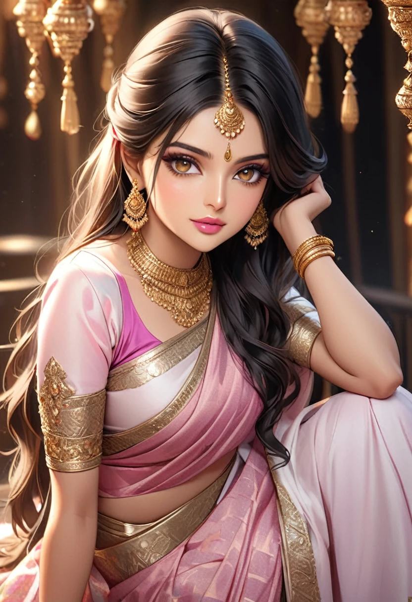 Hot and Beautiful Indian Girl Wearing Designer Saree.Golden Jwellery.long hair..pink lips.. eyeliner..fully Realistic Image..1 girl..8k hd photo