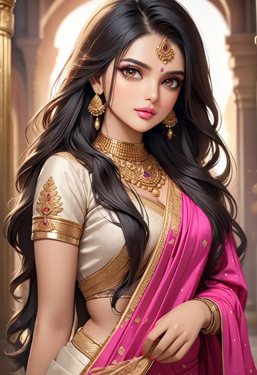 Hot and Beautiful Indian Girl Wearing Designer Saree.Golden Jwellery.long hair..pink lips.. eyeliner..fully Realistic Image..1 girl..8k hd photo 