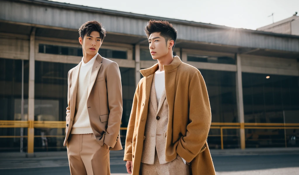 Two Asian male models,whole body,Handsome looking,One looks like Tan Kenji,One looks like Hu Ge,Stand one behind the other,Exquisite and three-dimensional face,Dress stylishly,Location outdoors,The light is warm and bright,Strike a cool pose