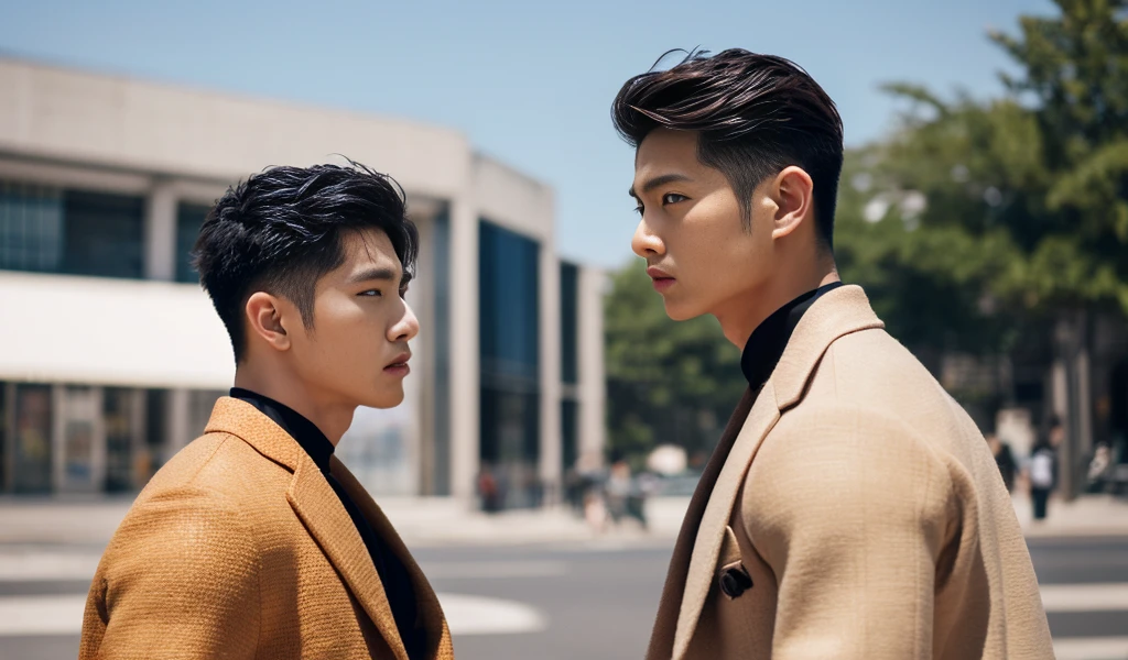 Two Asian male models,whole body,Handsome looking,One looks like Tan Kenji,One looks like Hu Ge,Stand one behind the other,Exquisite and three-dimensional face,Dress stylishly,Location outdoors,The light is warm and bright,Strike a cool pose