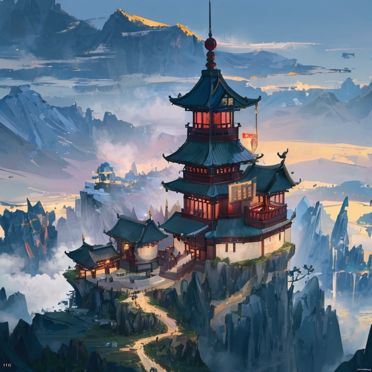 ((Highest quality,8k,Absurd Resolution,16K, masterpiece: 1.3))Mountain view with a waterfall and a tower in the middle,, Fantasy art, Dreamy city in China, Chinese landscape, Chinese Fantasy, Made of wood and fantasy valley, Old Town view, Order a fantastic fantasy landscape。, Most Epic Landscapes, Pagoda Na Corina, Mountainous jungle environment, Avatar Landscape,8K Ultra HD, HDR,Unique Design,One and only,A magnificent composition,One Scene,Anime Style,Studio Lighting,Ultra Wide Angle,Original elements,Detailed texture,Full body description,Dynamic Angles,Iconic,Dynamic Lighting,Professional Color Grading,original,Extreme detail,Glow effect