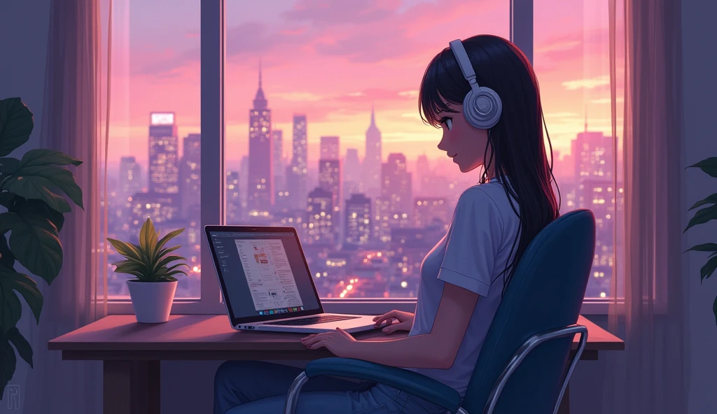 Portrait、512、LoFi、A high school girl sitting on a chair wearing headphones、city view outside the window、evening、pastel colour、Painting、2D anime style、Big Breasts、looks fun、excited