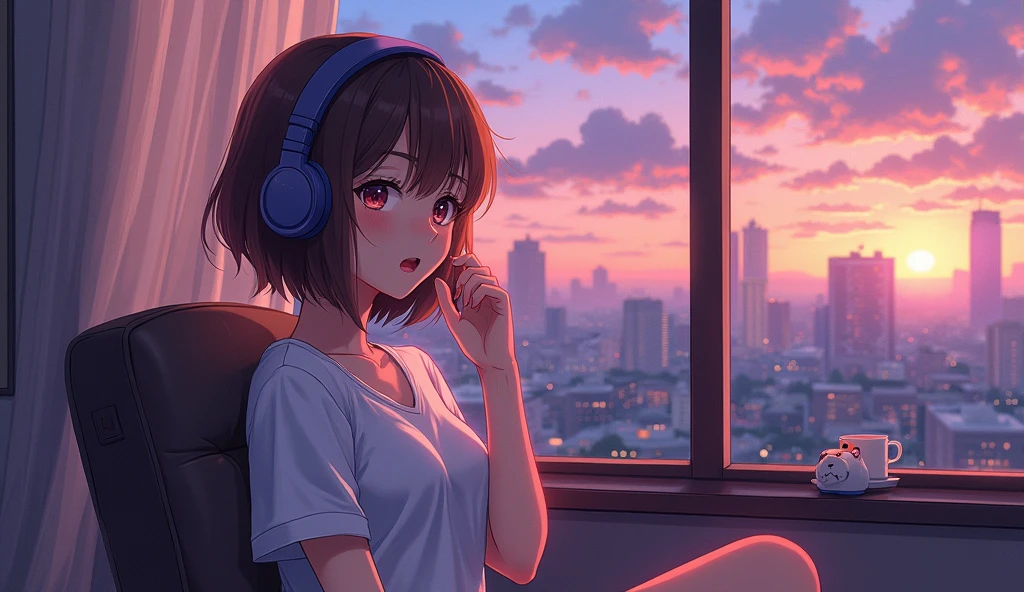 Portrait、512、LoFi、A high school girl sitting on a chair wearing headphones、city view outside the window、evening、pastel colour、Painting、2D anime style、Big Breasts、looks fun、excited