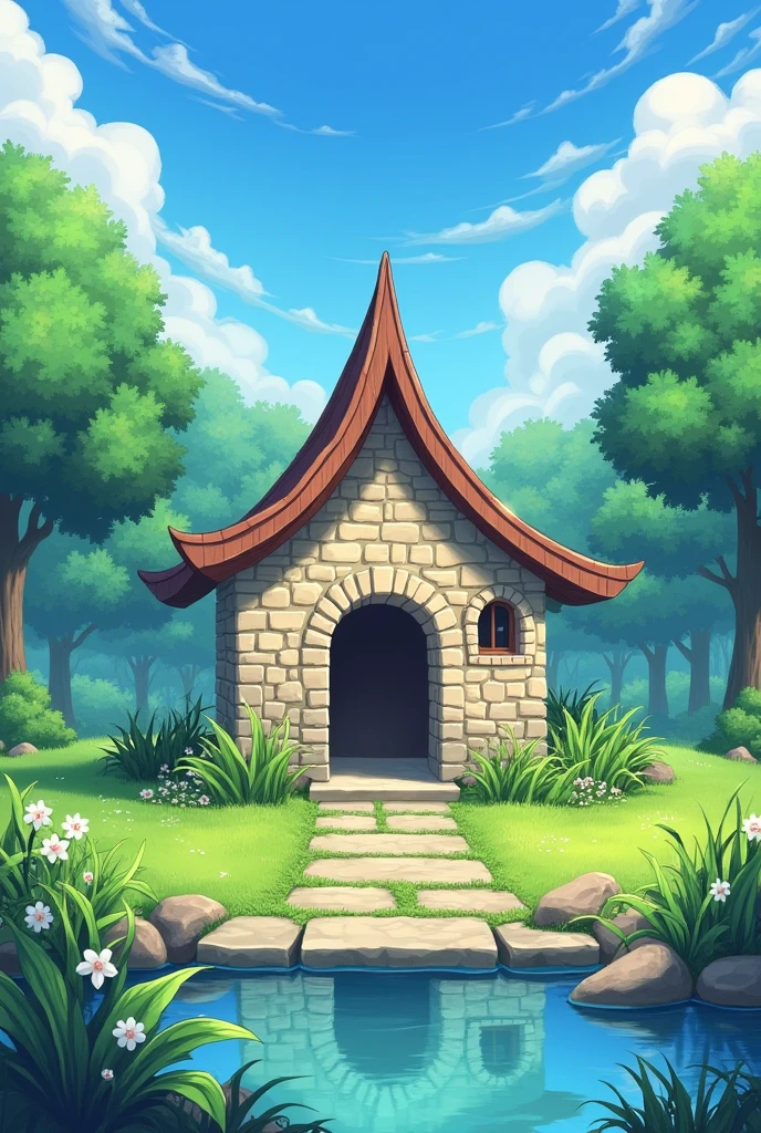 The image shows a beautiful garden with a small stone building in the center. The building has a triangular roof with a curved roof and a small arched entrance. The entrance is made of stone and has a small window on the right side. The garden is well-manicured with green grass and trees in the background. In front of the building, there is a small pond with a stone pathway leading up to it. The sky is blue and there are a few clouds in the sky. The overall atmosphere of the image is peaceful and serene.
