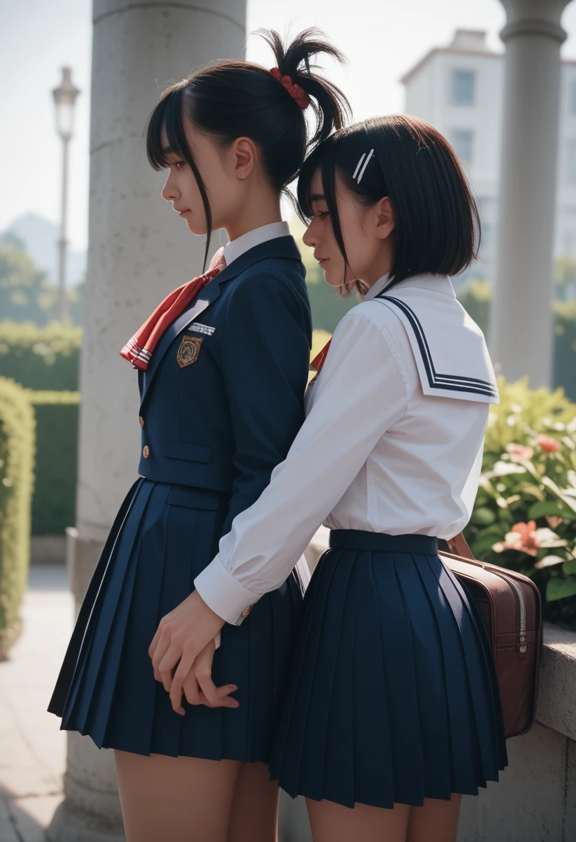 Two Girls,roromiya,ririchiyo,school uniform,Ascot, masterpiece, Highest quality、comminicate、Someone hugs me from behind