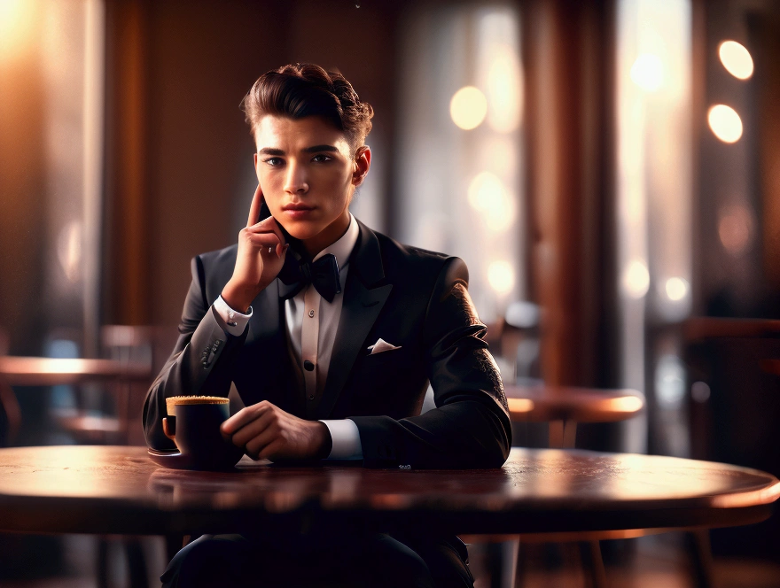 A young man with an exclusive black suit, sit, coffee on the table, bokeh, 8k, high photography, real skin texture,
