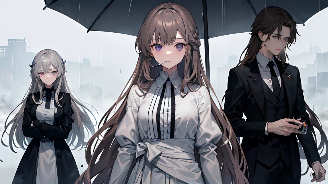 Dark grey and light brown hair、((Long hair tied back))、Looking down with a cold face、((Showing from the waist up))、Black suit draped over shoulders、Wearing a white shirt underneath、black tie、Blue-violet eyes、((Rainy gray background))、Holding a large open umbrella。Beauty、Detailed picture、Detailed clothing、(((Hold a lit cigarette in your mouth)))、(((イケメン風のBeauty)))