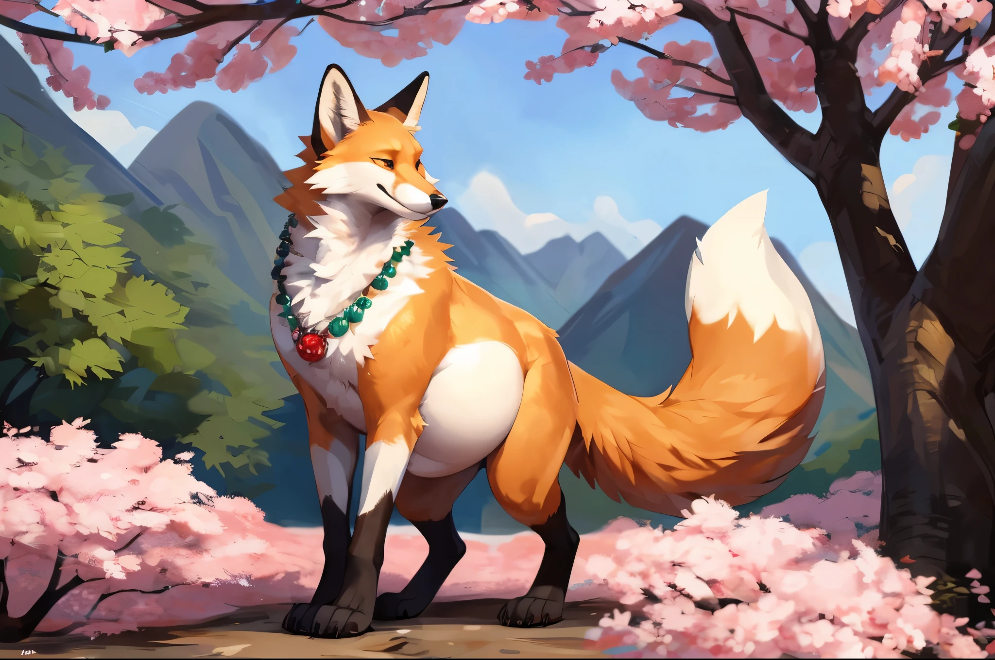 4k ultra quality, 4k full body view,(ultra high detailed body),((feral)) fox,by mystikfox61, by glitter trap boy,feral paws, by bebebebebe,by morethreedee, by seibear,sharp nails,((sfw)),(ultra detailed face),detailed eyes,big tail,fluffy tail,(detailed tail),enomorous tail,bigger tail,huge tail,volumetric light,fluffy paws,(feral focus), beast,(bigger lower body),(long legs),master works, super fine, 4k resolution, high quality,high picture detail,illusory engine, Masterpiece,dire fox,faint lighting,(white fur),((long legs)),( fox),white belly fur,enomorous belly, huge belly, (round belly),(macro),among sakura, crowds,wearing flower necklace