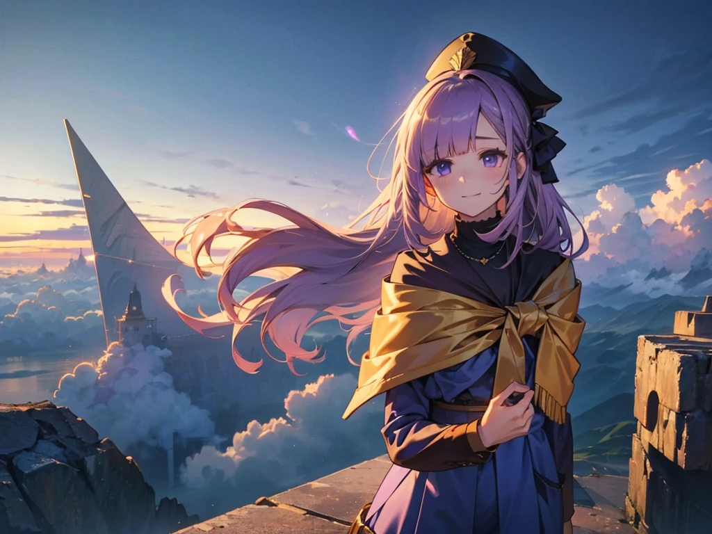 A huge city in the sky, A town above the clouds, A floating school city, you can see the horizon, There is a city below,A girl１people, Purple Eyes, Golden Hair