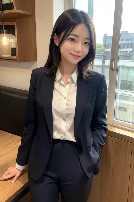 A young Japanese woman reading a book indoors at a cafe near an office district。She is wearing a suit and long pants。Smiling and gazing at the book、The bright lights of the cafe illuminate her face.。You&#39;ll feel comfortable and relaxed。