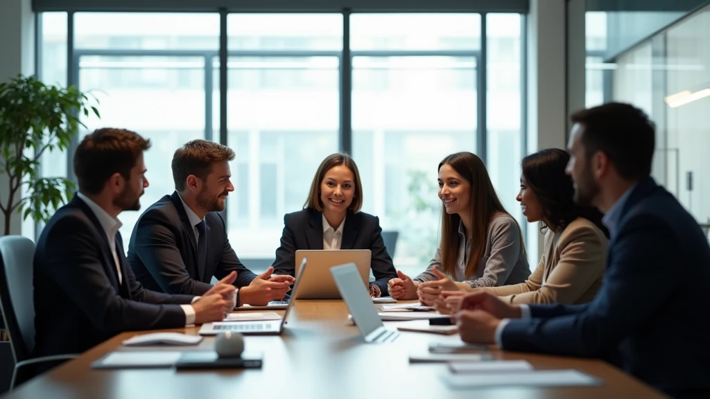 : A diverse group of business professionals engaging in a lively discussion around a modern office table with natural light streaming in through large windows. 8k  