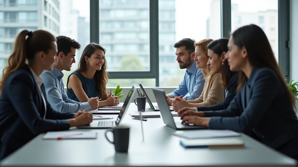 : A diverse group of business professionals engaging in a lively discussion around a modern office table with natural light streaming in through large windows. 8k