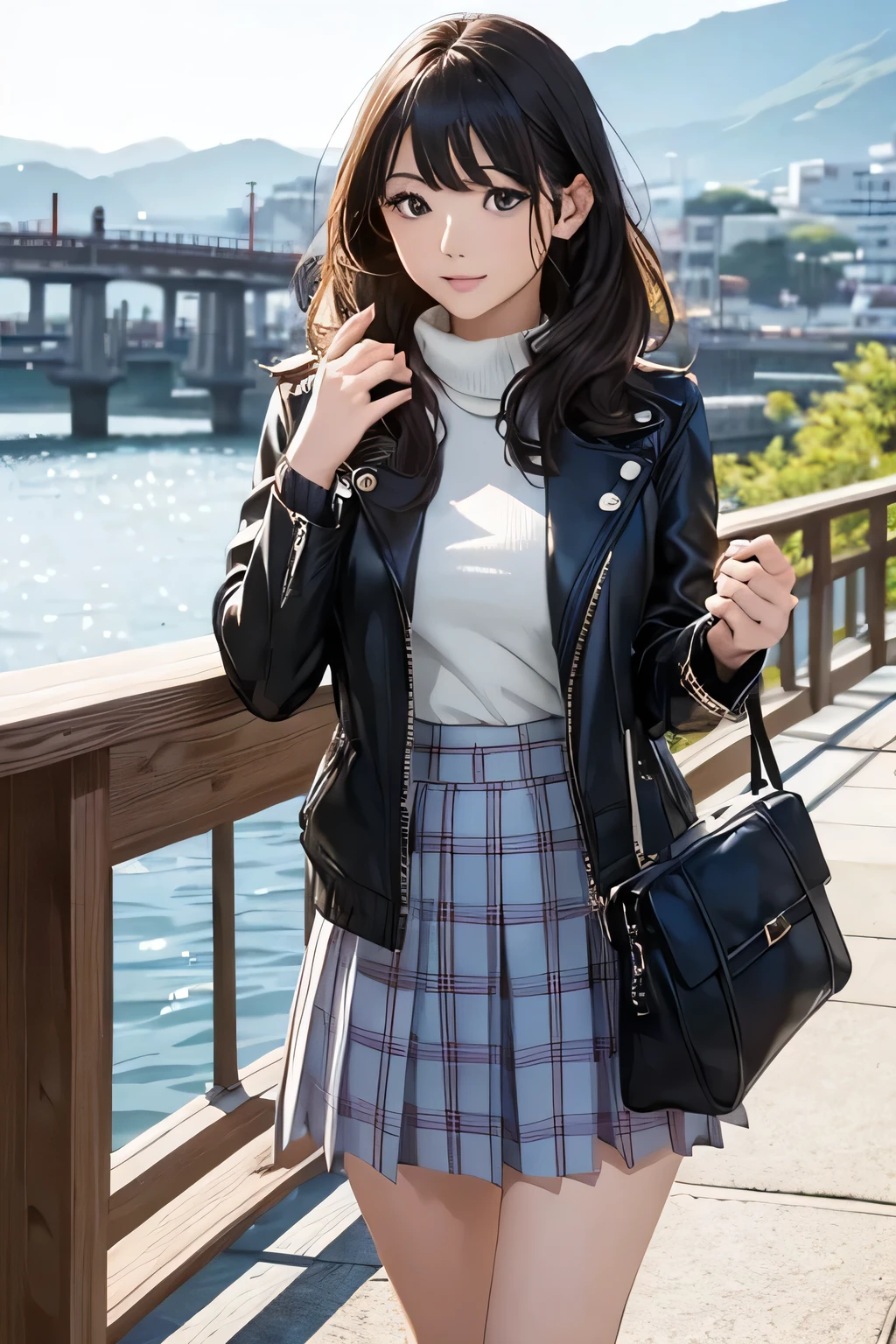 Highest quality、High resolution、Detailed Background、(Beautiful face in every detail:1.4)、Anatomically correct、(Normal number of fingers:1.2)、(Highly detailed face:1.2)、Detailed eyes、Beautiful women in their 20s、(Huge breasts:1.2)、Perfect body line、Light color hair、Bobcut、Long Hair、Wavy Hairstyle、Cute Eye Makeup、Cute Lip Makeup、Accentuate your cleavage、Model Pose、Cute gestures、Show the whole body、
(A beautiful model with a popular spot in the background:1.5)、
Pair a midi-length flared skirt with a knit top、Knitwear is trending towards slightly larger silhouettes、Pair it with boots for an elegant autumn look.、
A checkered mini skirt with a down jacket is also a cute outfit.、
Add a casual touch with socks and boots for a relaxed look、
The key is to balance the look by adding a shoulder bag or similar.、
Pair a pleated skirt with a leather jacket、Pair it with a fresh shirt underneath for a perfect balance between feminine and masculine.、We recommend wearing boots to complete the look.、
Kyoto、Arashiyama、Arashiyama is a classic yet always popular spot that combines the atmosphere of an ancient capital with a modern cafe.、Taking pictures at Togetsukyo Bridge, there are many picturesque landscapes、very beautiful