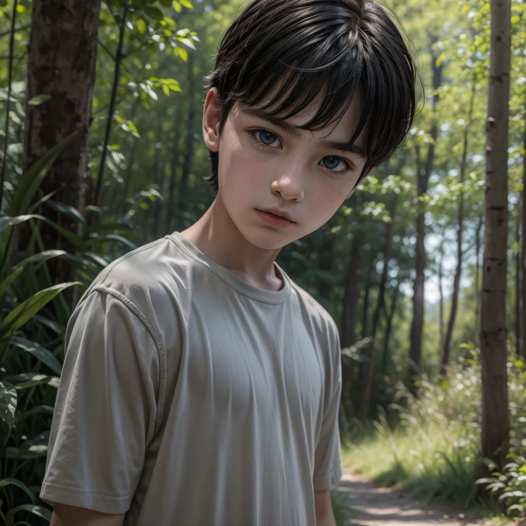 Young boy, in the wild, monge, colors, realistic, 4K, clear.