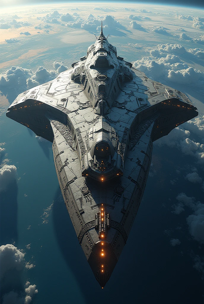 photorealistic long scifi super dreadnought spaceship in Earth's orbit, inspired by ancient norse war ships, mythology and history 
