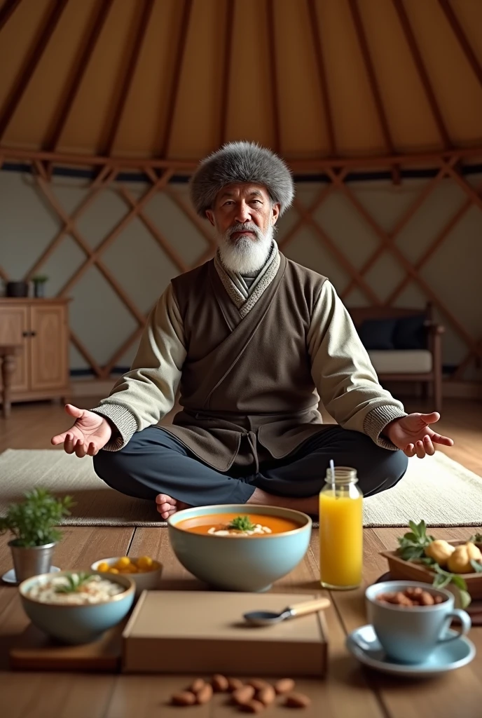 an mongolian man in the yurt doing yoga at the background, keto food keto soup detox juice on the table, keto food is delivery kraft box, and almonds in the small mini pvc cup