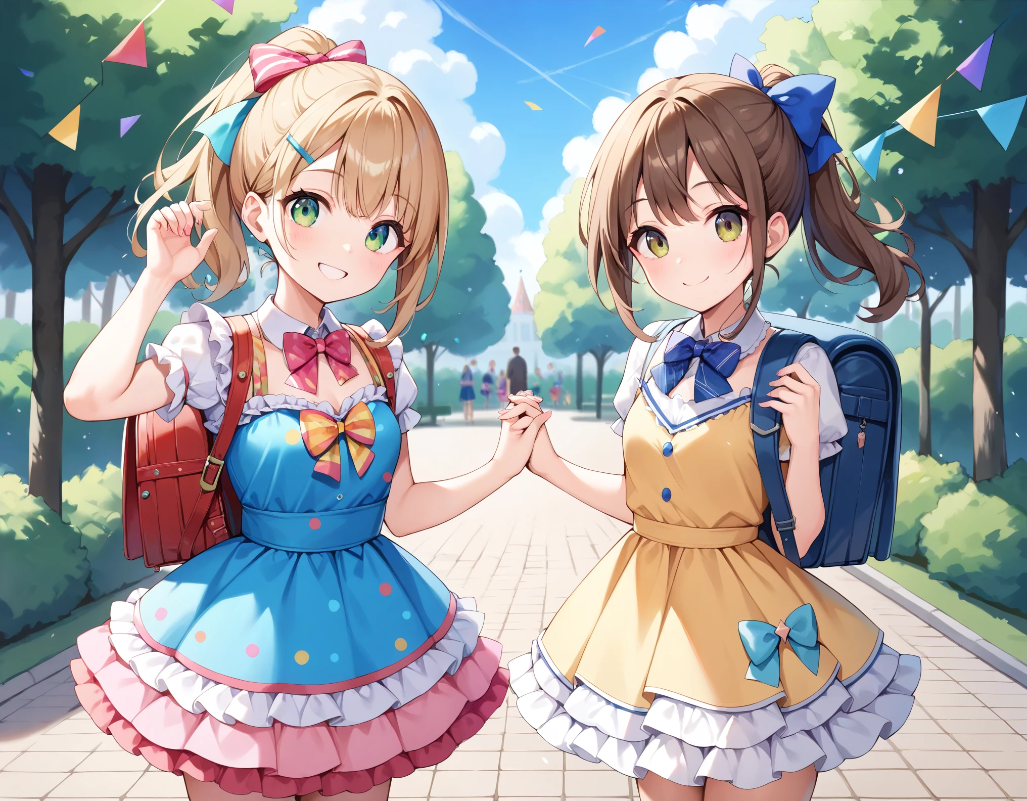 Masterpiece, hd, 2girl,2 girl standing each other, holding hands, cute girl, (brown hair, smile, ponytail, hair ribbon, wearing cute dress, frilled dress,party dress,party costume, colorful dress, bowtie, standing, outdoor, park, smile, wearing school backpack, blue backpack), (blonde hair, smile, twintail, hair ribbon, wearing cute dress, frilled dress,party dress,party costume, colorful dress, bowtie, standing, outdoor, park, smile, wearing school backpack, red backpack)