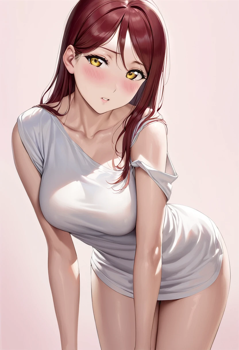 masterpiece, best quality, realistic anime art,solo, wearing only oversize white shirt, (shoulder slip:1.2),large breasts ,dark red hair ,short sleeves, thighs,yellow eyes , sakurauchi riko love live , standing , (leaning forward:0.7), looking at viewer , simple pink background 